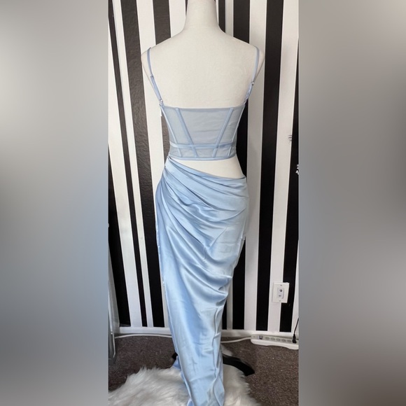 Light Blue Satin Corset Cutout Ruched Gathered Maxi Dress - NWT - Picture 9 of 10